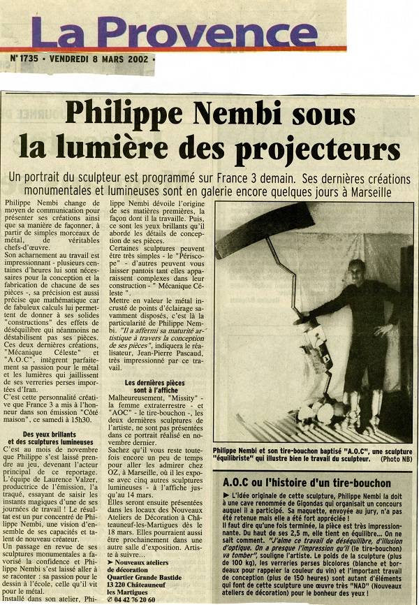 Article dans le journal LA PROVENCE mars 2002